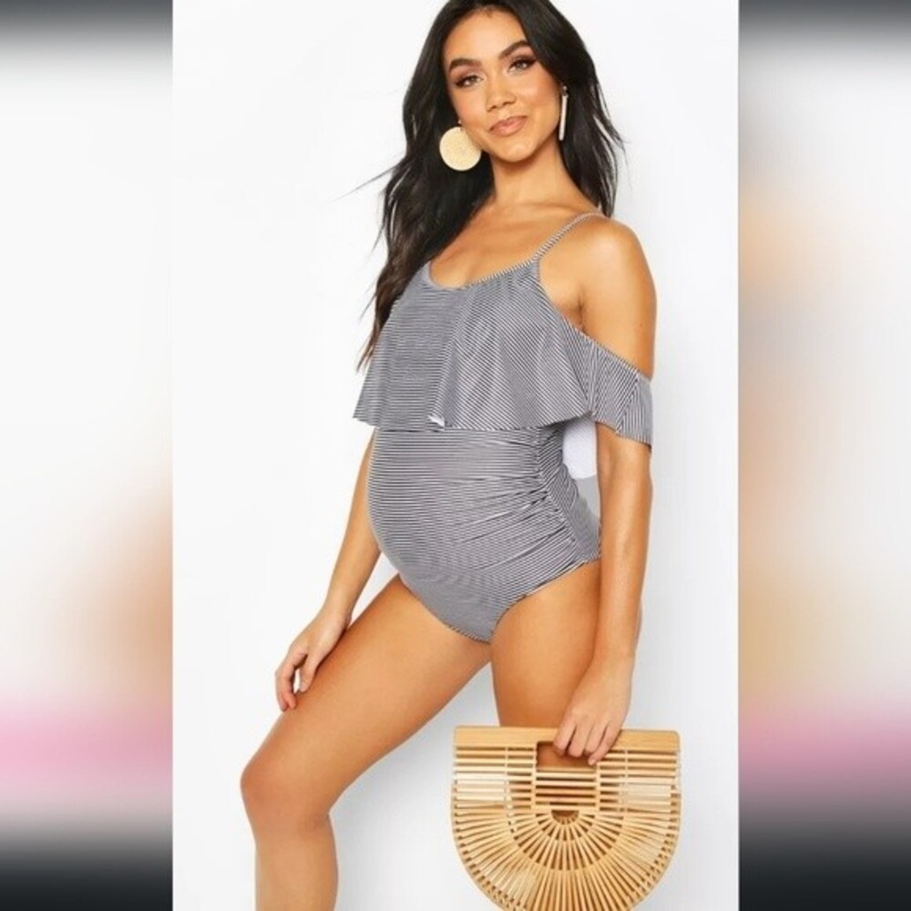 Boohoo Maternity Stripe Drape Shoulder Swimsuit Size 8